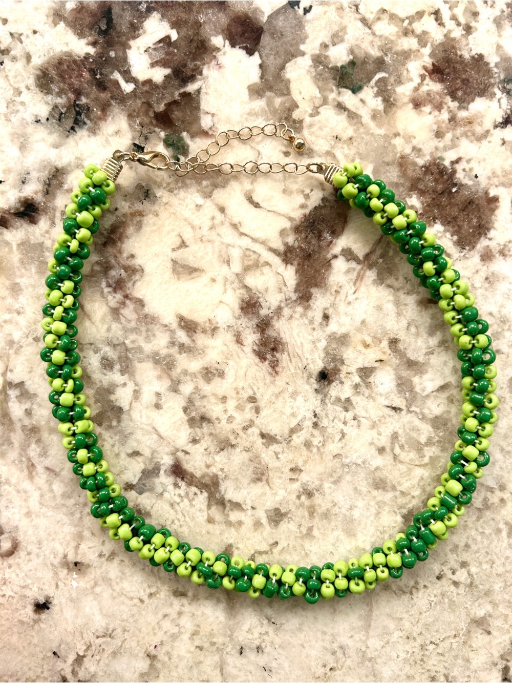 Handmade in Bali | Chunky Beaded Choker in Two-tone Green, Silver Clasp | 13”